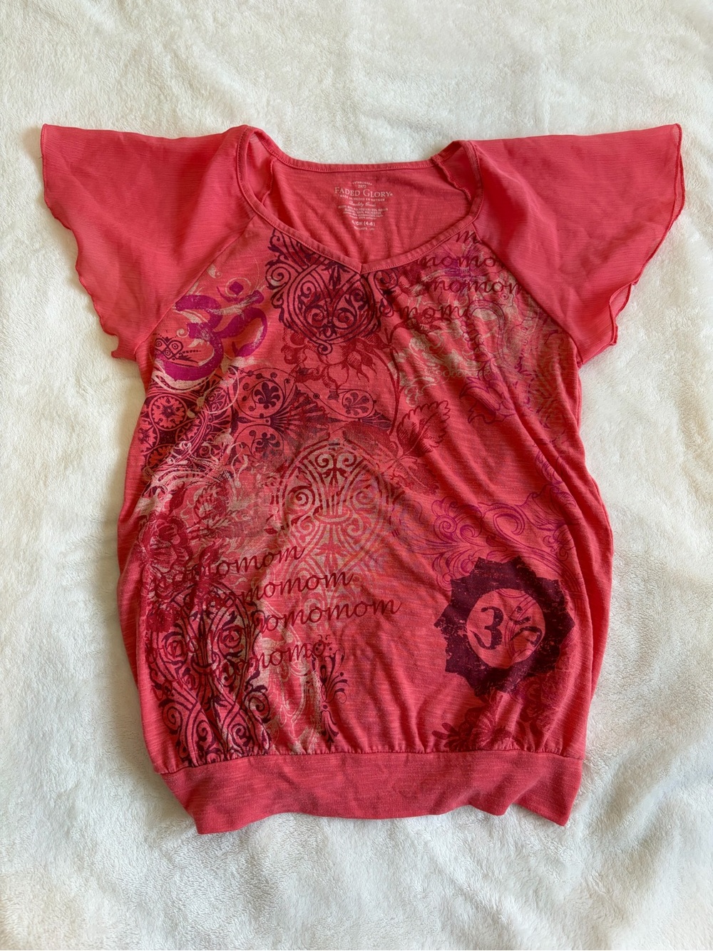 Faded Glory Coral Pink Printed Flutter-Sleeve Tee